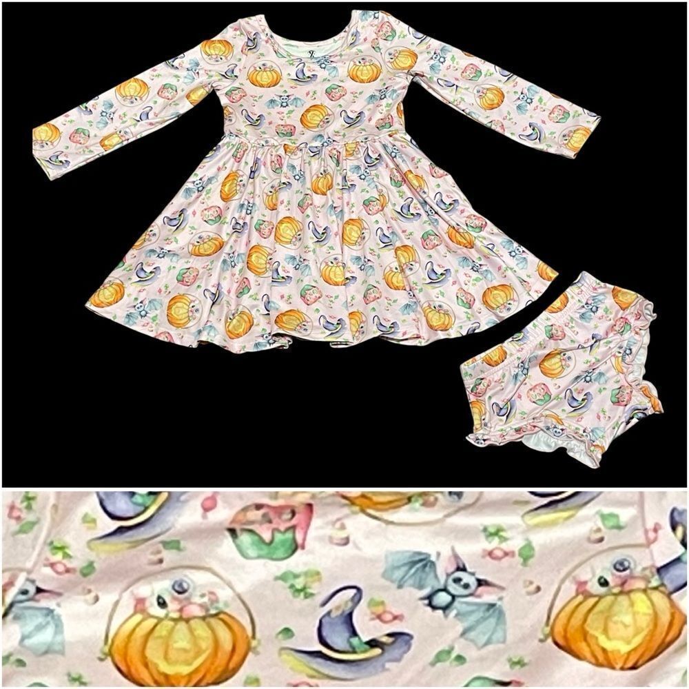 Charlie's Project Spooky Treats Twirl Dress Pumpkins Bats Witches Hats Pink 2T